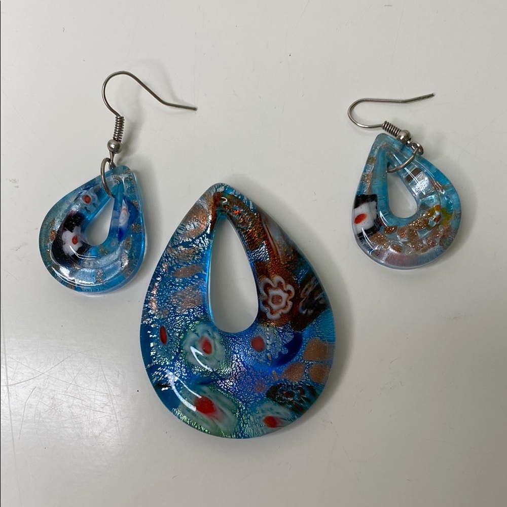 Millefiori Glass Pendant and Earrings Set Blue with Silver Open Teardrop Donut‎ - Picture 3 of 8